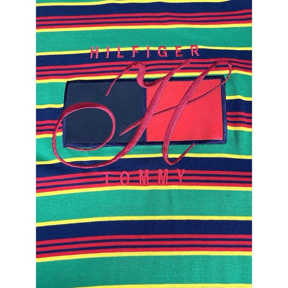 Vintage Tommy Hilfiger T-Shirt Striped Green Blue Red Y2K Tee Men's XL USA Made - Picture 4 of 9